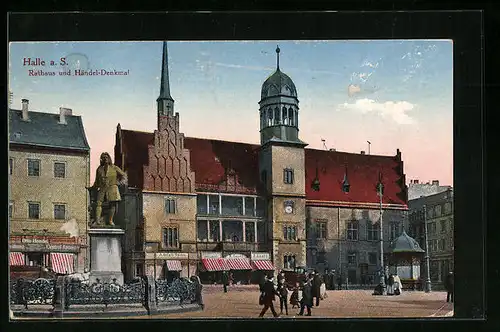 AK Halle /Saale, Blick auf das Rathaus und Händel-Denkmal