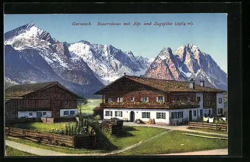 AK Garmisch, Bauernhaus vor Alp- und Zugspitze