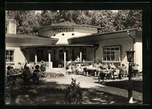 AK Templin /Uckermark, Urlauber im Garten der Milchbar des FDGB-Erholungsheim Aufbau