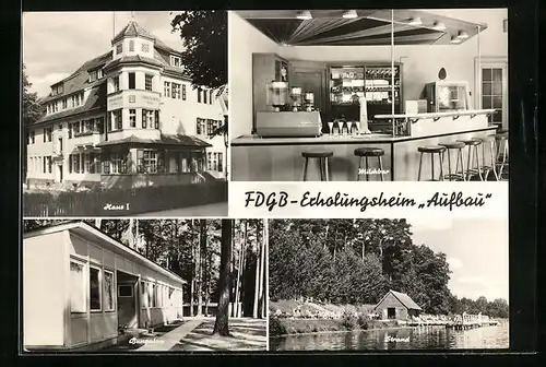 AK Templin, FDGB-Erholungsheim Aufbau mit Milchbar, Strand und Bungalow