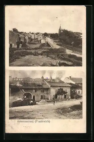 AK Amenocourt, Ortspartie, Strassenpartie mit brennenden Häusern