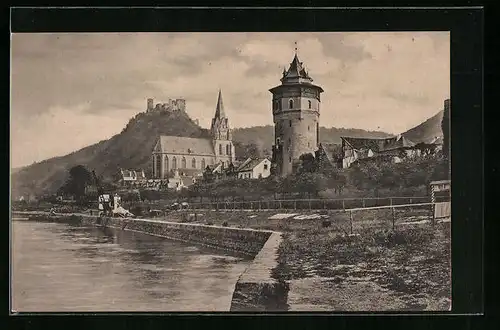 AK Oberwesel, Uferpartie mit Ruine Schönburg
