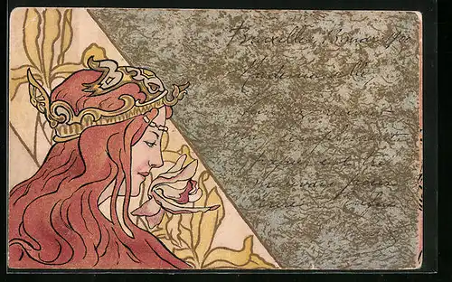 AK Junge Frau mit Kopfschmuck und Blumen, Jugendstil