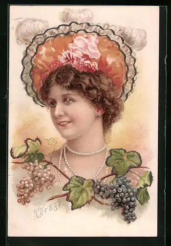 Lithographie Dame mit Perlenhalskette im Herbst, Jugendstil