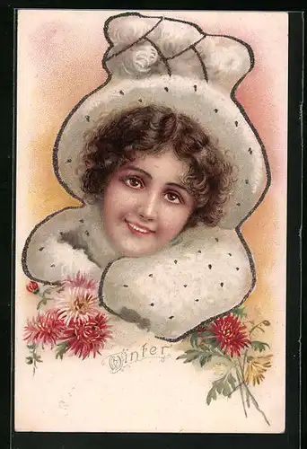 Glitzerperlen-AK Winterlich gekleidete Dame, Jugendstil