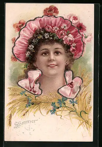 Künstler-AK Dame mit Sommerhut und Mohnblüten, Jugendstil