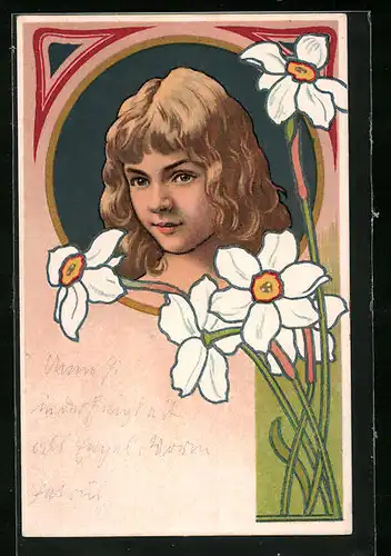 Künstler-AK Mädchen mit blonden Haaren und nachdenklichem Blick, Jugendstil