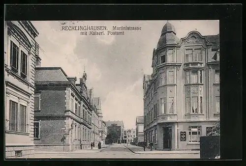 AK Recklinghausen, Martinistrasse mit Kaiserlichem Postamt