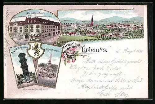 Lithographie Löbau i /S., Hôtel Goldenes Schiff, König-Friedrich-August-Turm, Siegesdenkmal