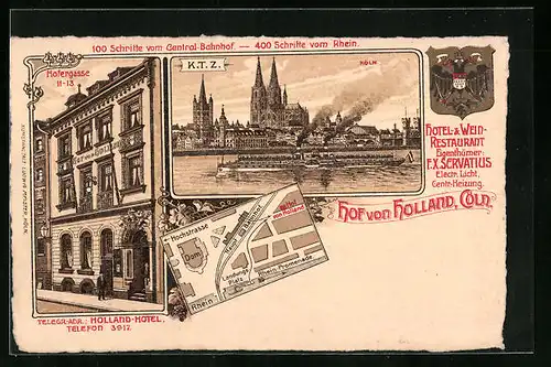Lithographie Köln, Hotel u. Restaurant Hof von Holland, Hofergasse 11-13, Panorama