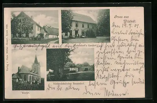 AK Wilstedt, Hottendorf`s Gasthof, Bauernhof, Kirche