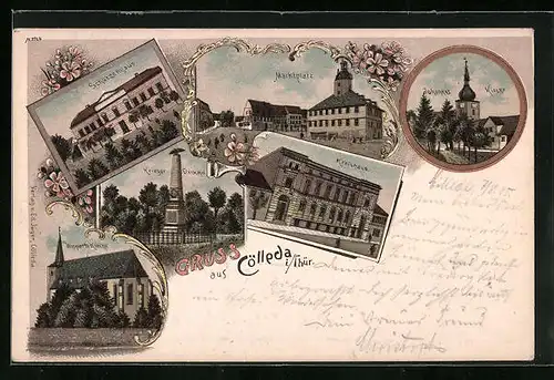 Lithographie Cölleda /Thür., Schützenhaus, Kreishaus, Marktplatz
