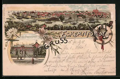 Lithographie Eckernförde, Kgl. Baugewerkschule, Panorama