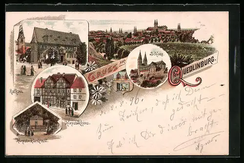 Lithographie Quedlinburg, Klopstockhaus u. -denkmal, Rathaus, Schloss