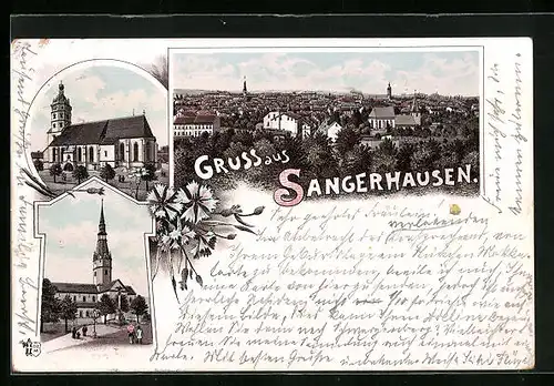 Lithographie Sangerhausen, Kirche, Totalansicht