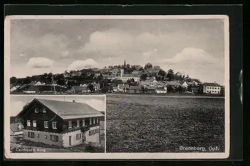AK Brennberg /Opf., Gasthaus zur Burg, Gesamtansicht mit Kirche
