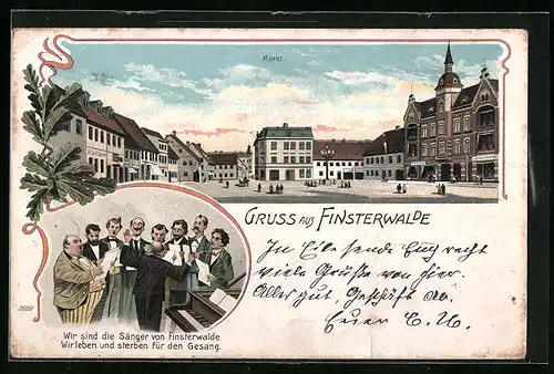 Lithographie Finsterwalde, Markt mit Geschäften, Männergesangsverein