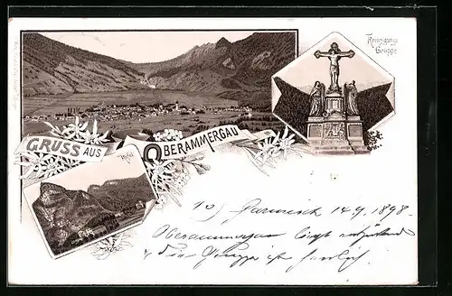 Lithographie Oberammergau, Kofel, Totalansicht, Kreuzigungs Gruppe