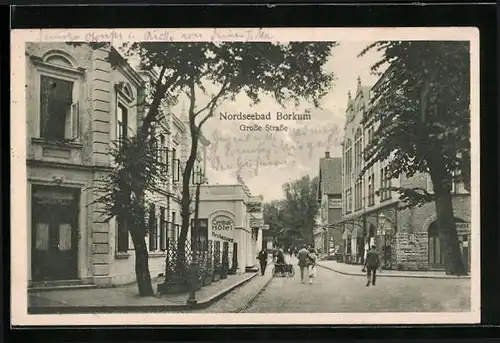 AK Borkum, Grosse Strasse mit Central Hotel