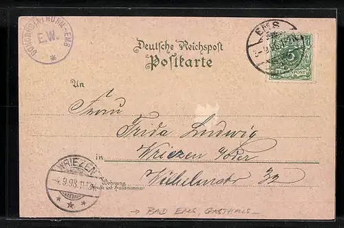 Lithographie Bad Ems, Gasthaus Concordiathurm, Totalansicht