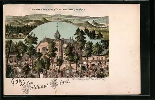 Lithographie Erfurt, Gasthaus Waldhaus, Panoramablick ins Land