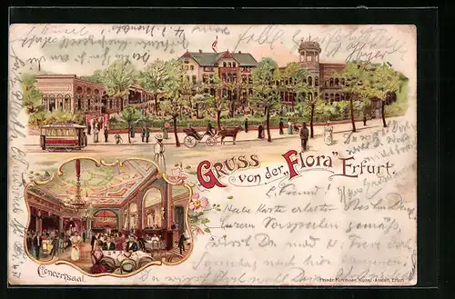 Lithographie Erfurt, Gasthaus Flora von der Strasse aus und Concertsaal