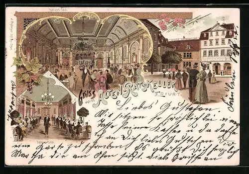 Lithographie Erfurt, Gasthaus Alter Ratskeller - Speisesaal und Aussenansicht