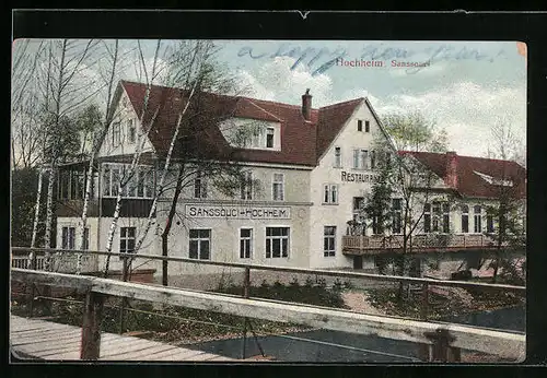 AK Hochheim, Gasthaus Sanssouci mit Brücke