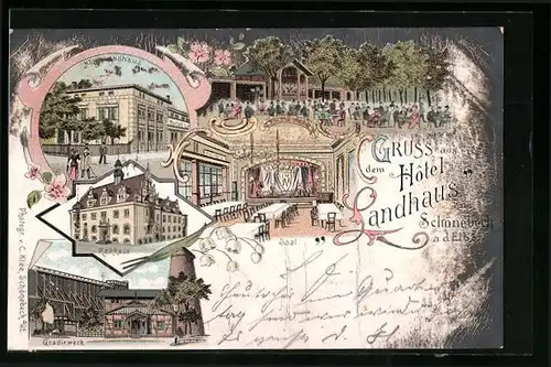 Lithographie Schönebeck a. E., Hotel Landhaus, Gradirwerk