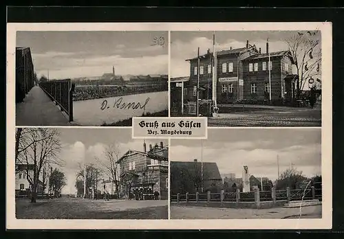 AK Güsen, Bahnhof, Brücke, Denkmal