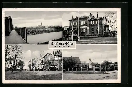 AK Güsen, Bahnhof, Brücke, Denkmal