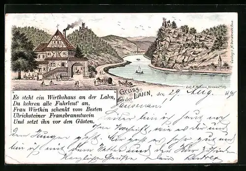 Lithographie Dausenau, Wirtshaus an der Lahn aus der Vogelschau