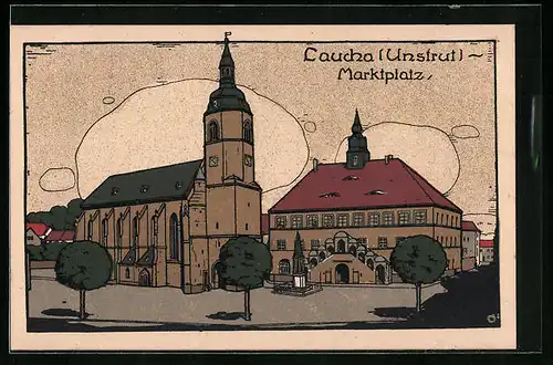 Steindruck-AK Laucha /Unstrut, Marktplatz mit Kirche