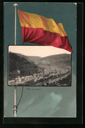 AK Calw, Totalansicht von Süden, Rotgelbe Fahne