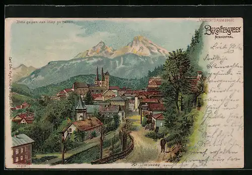 Lithographie Berchtesgaden, Ortspartie mit Bergblick, Halt gegen das Licht wechsel von Tag zu Nacht
