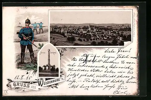 Vorläufer-Lithographie Weissenburg i. E., 1895, Armee-Denkmal, Ortsansicht, Soldaten im Manöver