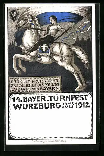 Künstler-AK Ganzsache Bayern PP27C62 /01: Würzburg, 14. Bayer. Turnfest 1912, Turner auf Pferd
