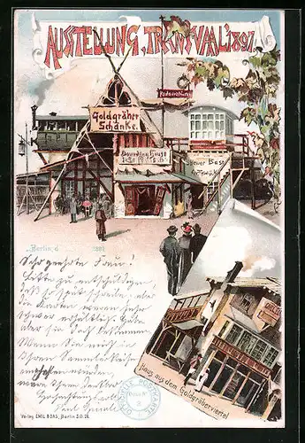 Lithographie Berlin, Ausstellung Transvaal 1897, Goldgräber-Schänke