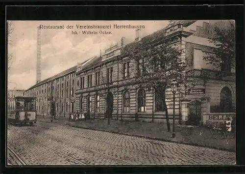 AK Herrenhausen bei Hannover, Restaurant der lokalen Vereinsbrauerei von Wilhelm Ochse, Strassenbahn