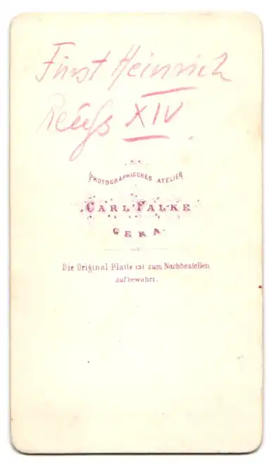 Fotografie Carl Falke, Gera, Portrait Fürst Heinrich XIV. von Reuss (jüngere Linie) 1