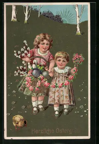 AK Kinder mit Blumen und Osterküken
