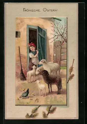 AK Bauernmädchen mit Osterlämmern