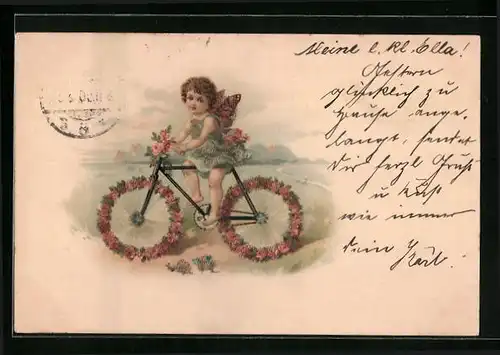 AK Engelsgestalt beim Fahren eines mit Blumen geschmückten Fahrrads