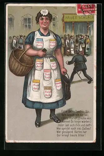 Künstler-AK Hausfrau mit reichlich Lebensmittelkarten und leerem Einkaufskorb