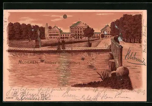 Lithographie München, Schloss Nymphenburg bei Mondschein