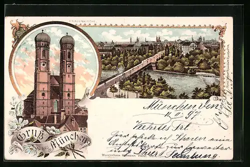 Lithographie München, Teilansicht mit Brücke, Frauenkirche