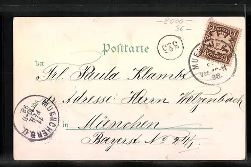 Lithographie München, Teilansicht mit Brücke, Frauenkirche