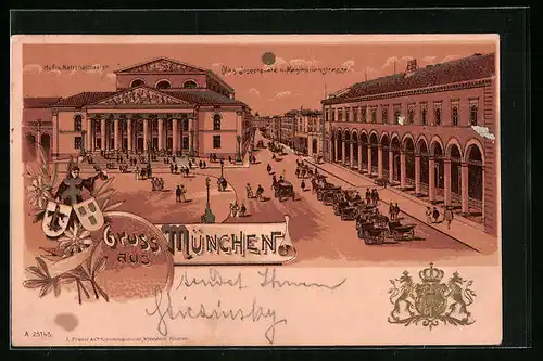 Lithographie München, Max Josephplatz und Maximilianstrasse mit Hof- und Nationaltheater bei Mondschein