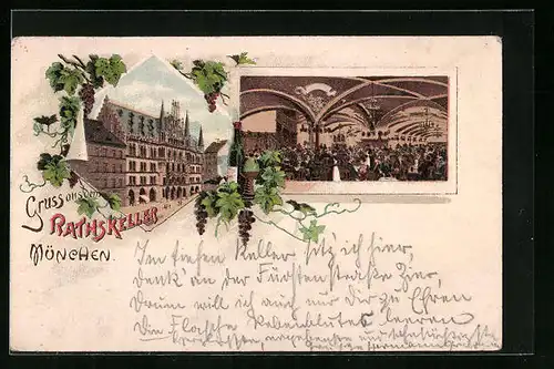 Lithographie München, Gasthaus Ratskeller, Innenansicht