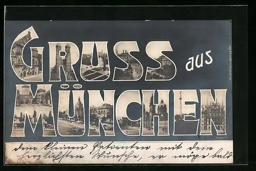 AK München, Schriftzug mit Frauenkirche, Denkmal und Gebäudeansicht